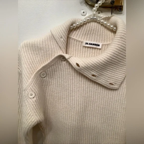 Jil Sander Asymmetric Button Turtleneck Knit Sweater Ivory Long Sleeve Sz 34-S/M - Picture 15 of 16